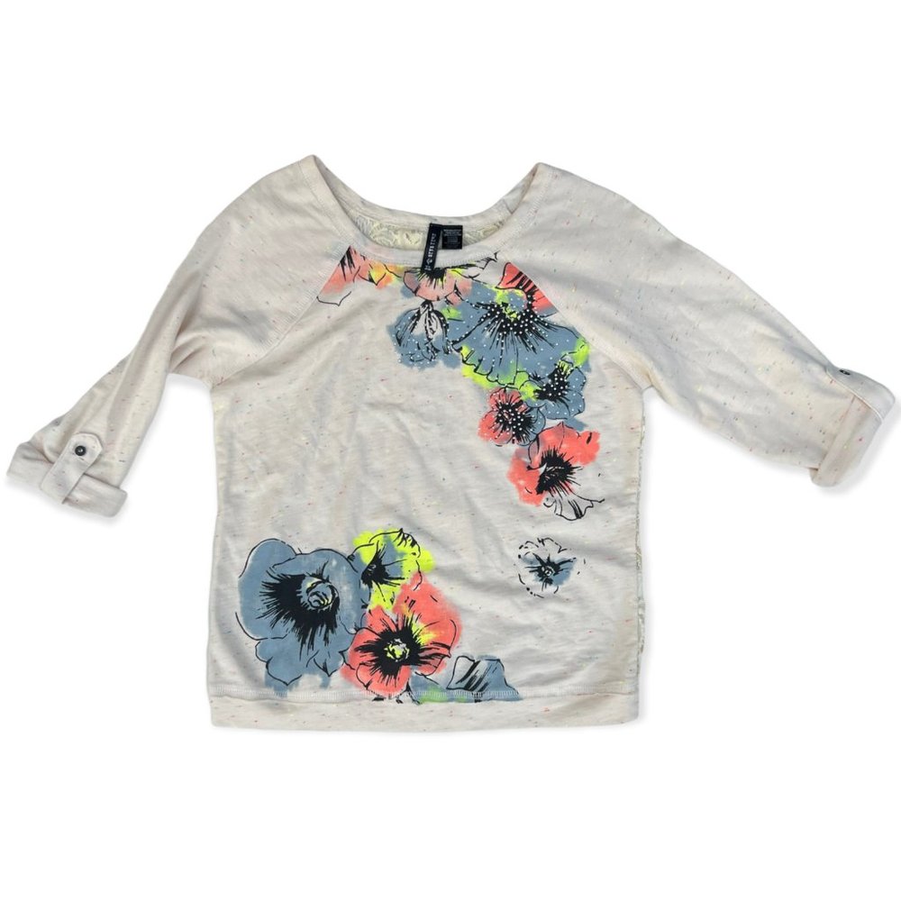 Full Tilt Junior's Cream Floral Lace Back 3/4 Length Roll Tab Sleeve Shirt XL